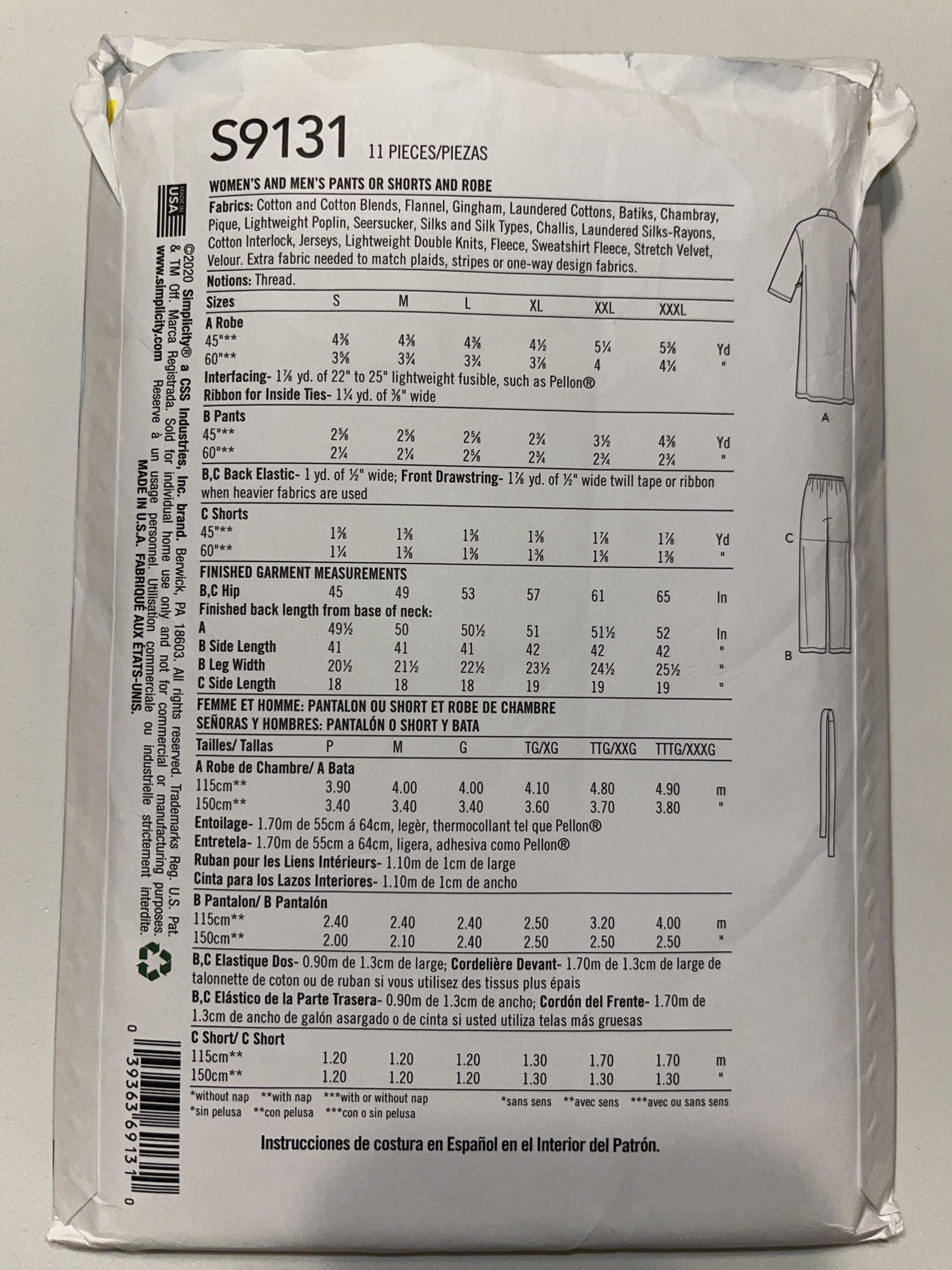 Simplicity 5314 (XL-XXXL) – Women’s and Men’s Pants or Shorts and Robe – Uncut Printed Tissue Paper Sewing Pattern | Garage Sale Item | Stacey Sansom Designs