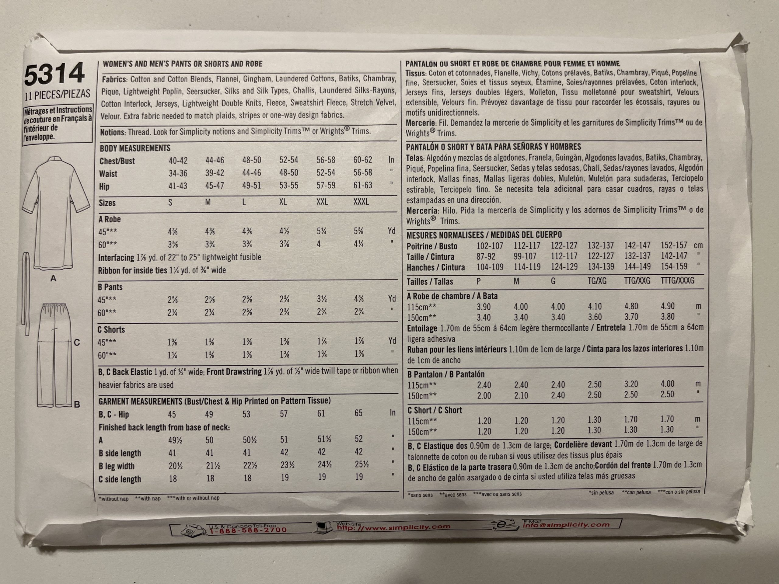 Simplicity 5314 (XL-XXXL) – Women’s and Men’s Pants or Shorts and Robe – Uncut Printed Tissue Paper Sewing Pattern | Garage Sale Item | Stacey Sansom Designs