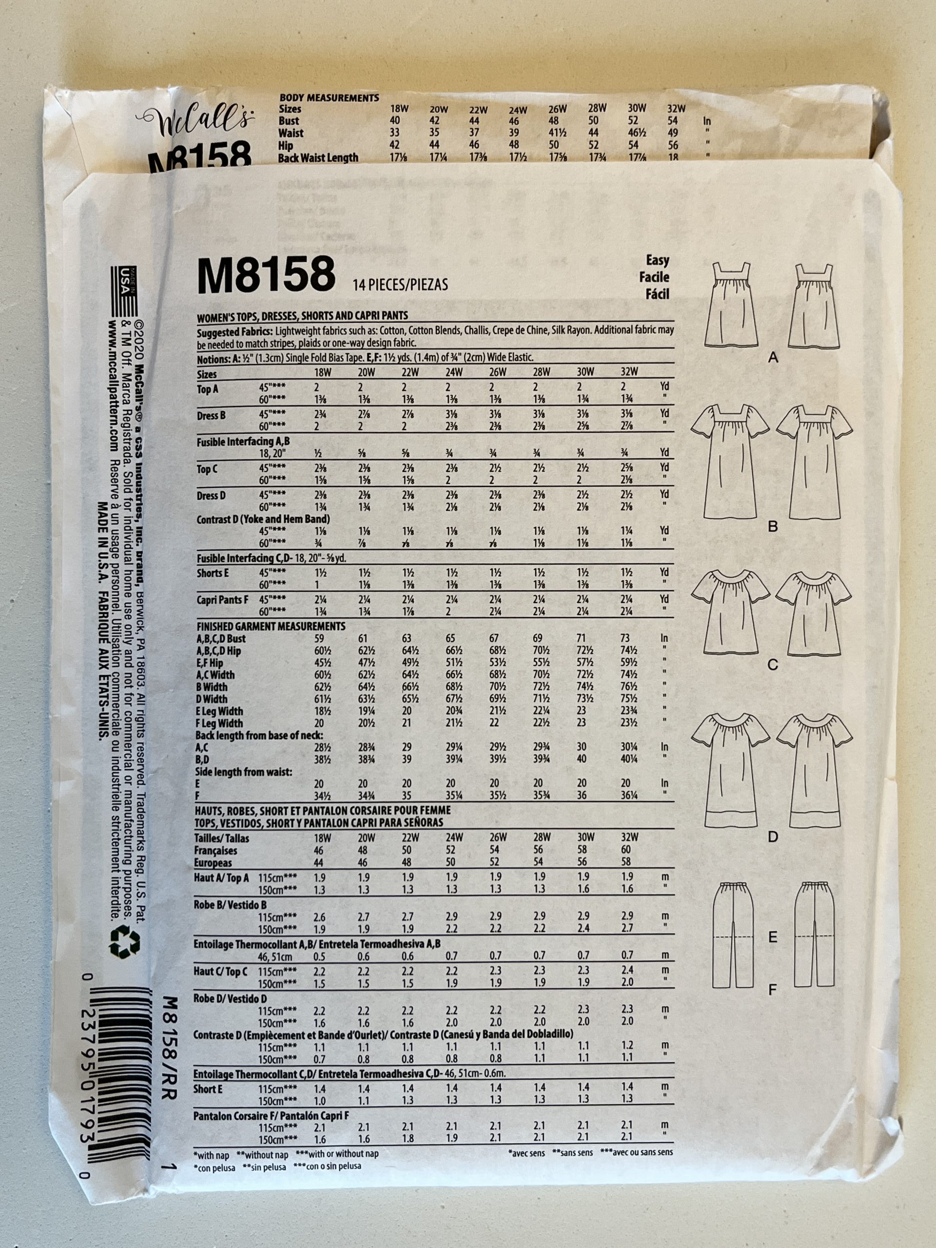 McCall's M8158 (18W-24W) Women's Tops, Dresses, and Capri Pants - Uncut Printed Tissue Paper Sewing Pattern | Garage Sale Item | Stacey Sansom Designs
