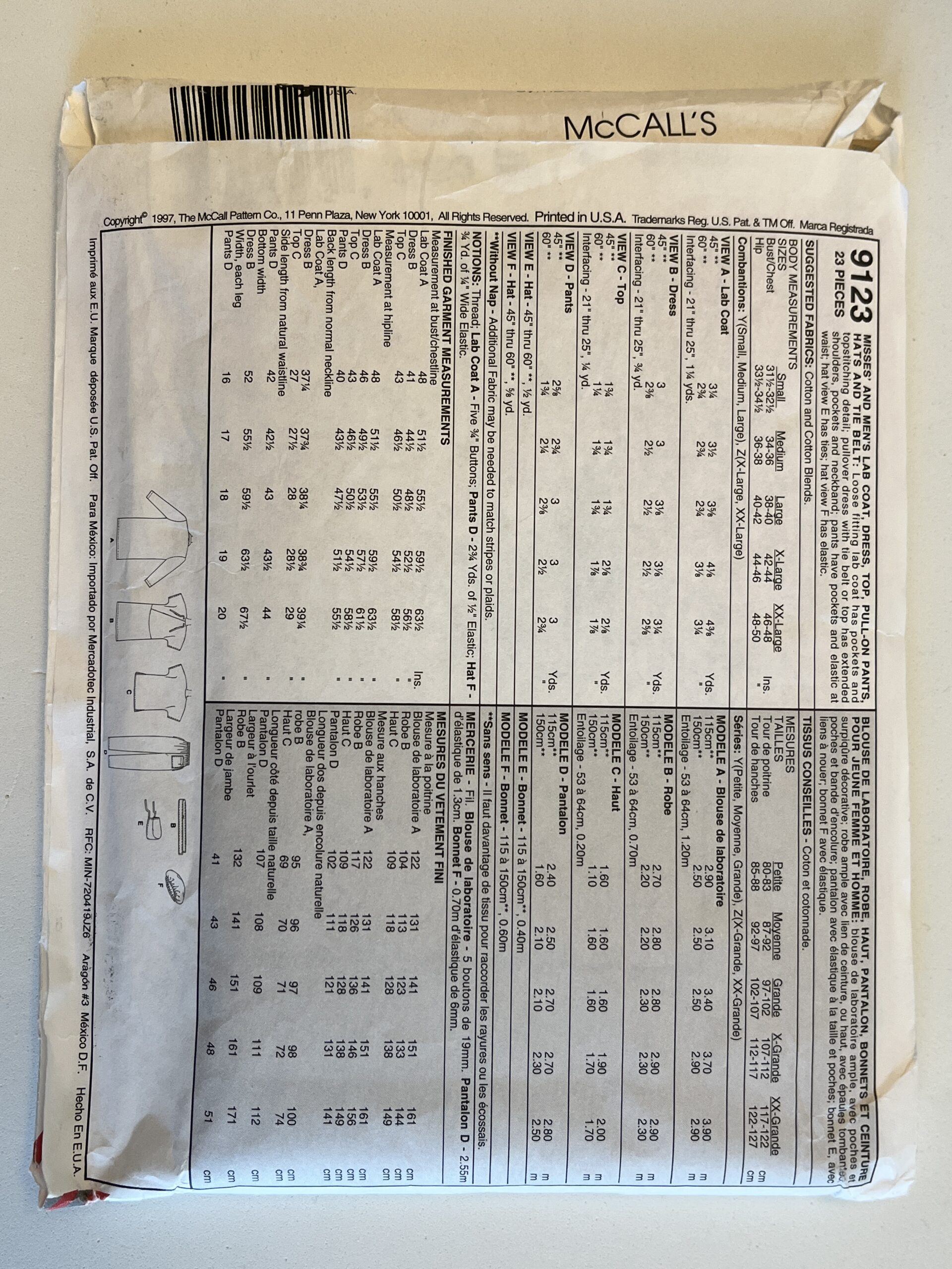 McCall's 9123 (XL-XXL-XXXL) Misses' and Men's Lab Coat, Dress, Top, Pull-on Pants, Hats, and Tie Belt (Uniform Essentials Series) - Uncut Printed Tissue Paper Sewing Pattern | Garage Sale Item | Stacey Sansom Designs
