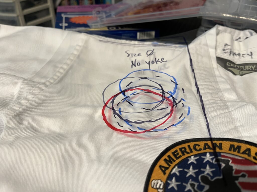 Templates are used for consistent and quick placement of patches on uniforms, but these must be reliable. | Patch Sewing Services | September 2025 Progress Report | Stacey Sansom Designs