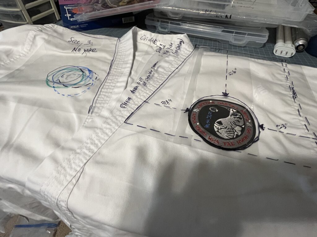 Templates are used for consistent and quick placement of patches on uniforms, but these must be reliable. | Patch Sewing Services | September 2025 Progress Report | Stacey Sansom Designs
