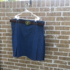 Custom sewing, completed denim utility kilt with Texas flair per the customer's request Custom Sewing at Stacey Sansom Designs